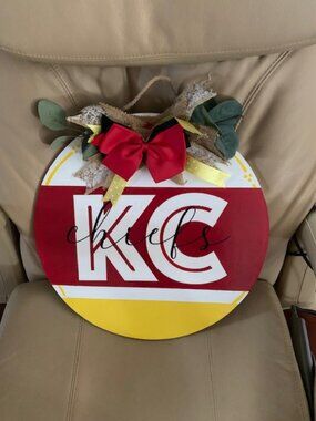 Handpainted red and yellow Kansas City Chiefs wood hanging 16" round, NEW